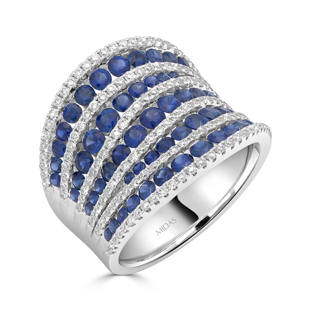 Round Brilliant Sapphire and Diamond Pavé Multi Row Dress Ring