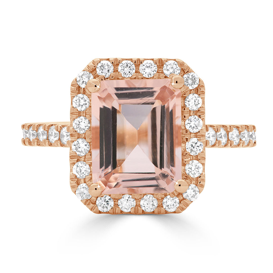 Emerald Cut Pink Morganite and Diamond Halo Cathedral Dress Ring