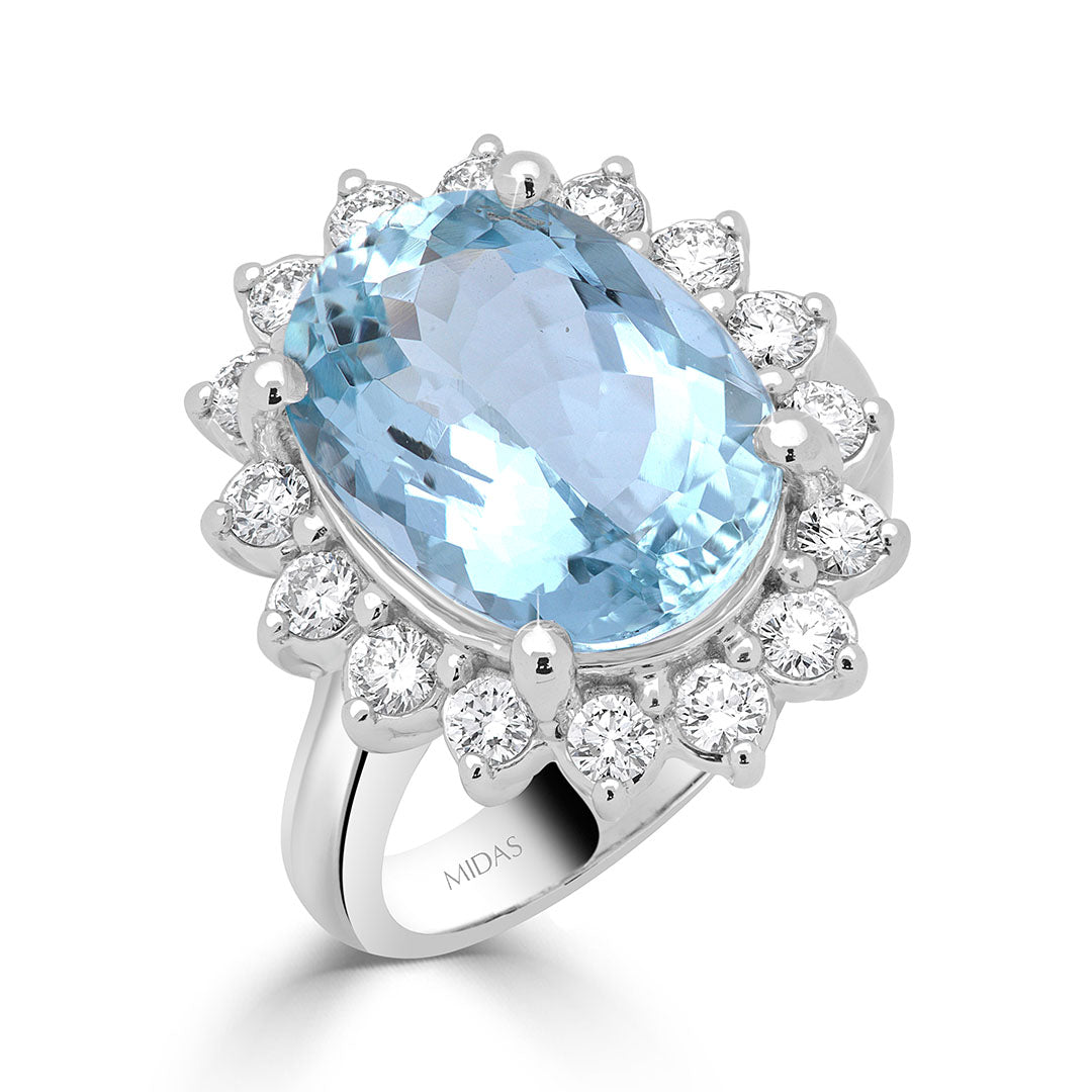 Oval Cut Aquamarine and Diamond Floral Halo Dress Ring