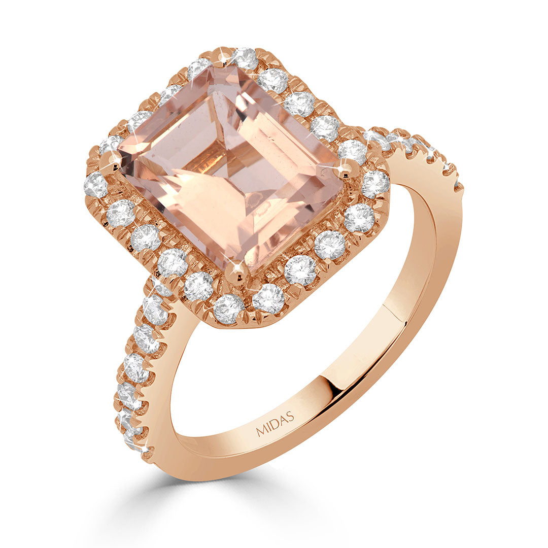 Emerald Cut Pink Morganite and Diamond Halo Cathedral Dress Ring