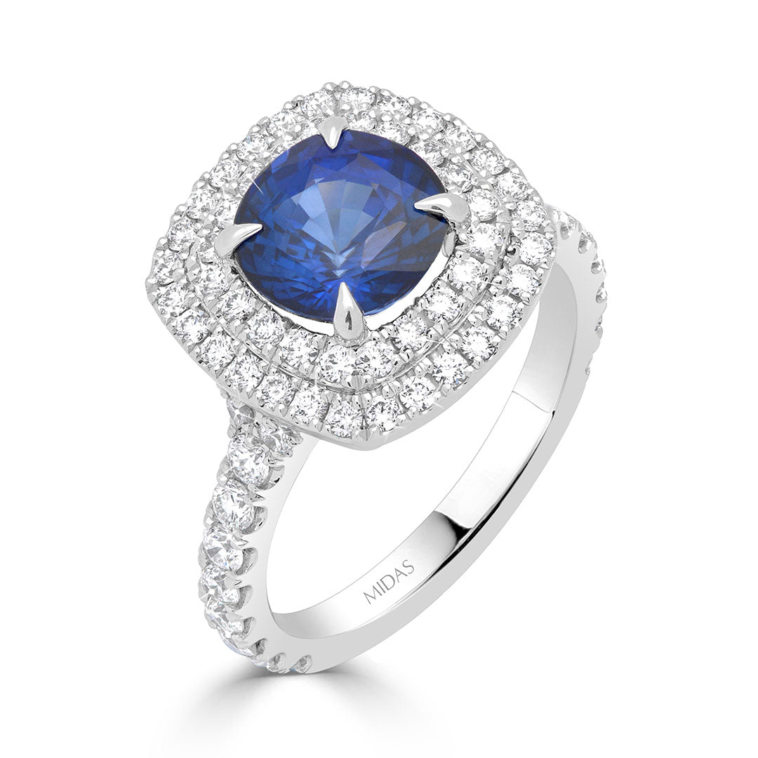 Cushion Cut Sapphire and Double Halo Diamond Pavé Dress Ring