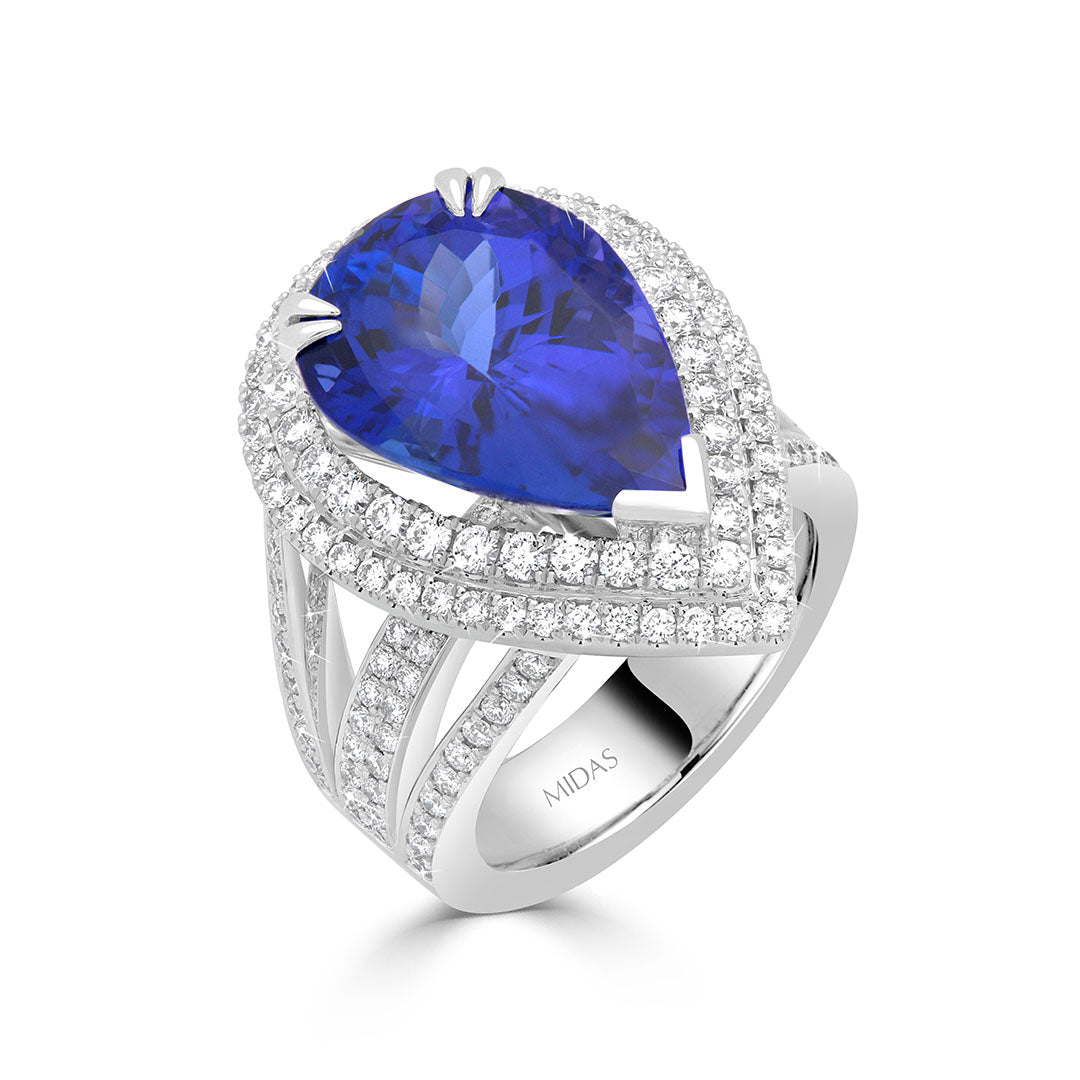 Pear Cut Tanzanite and Round Brilliant Diamond Double Halo Split Shank Dress Ring