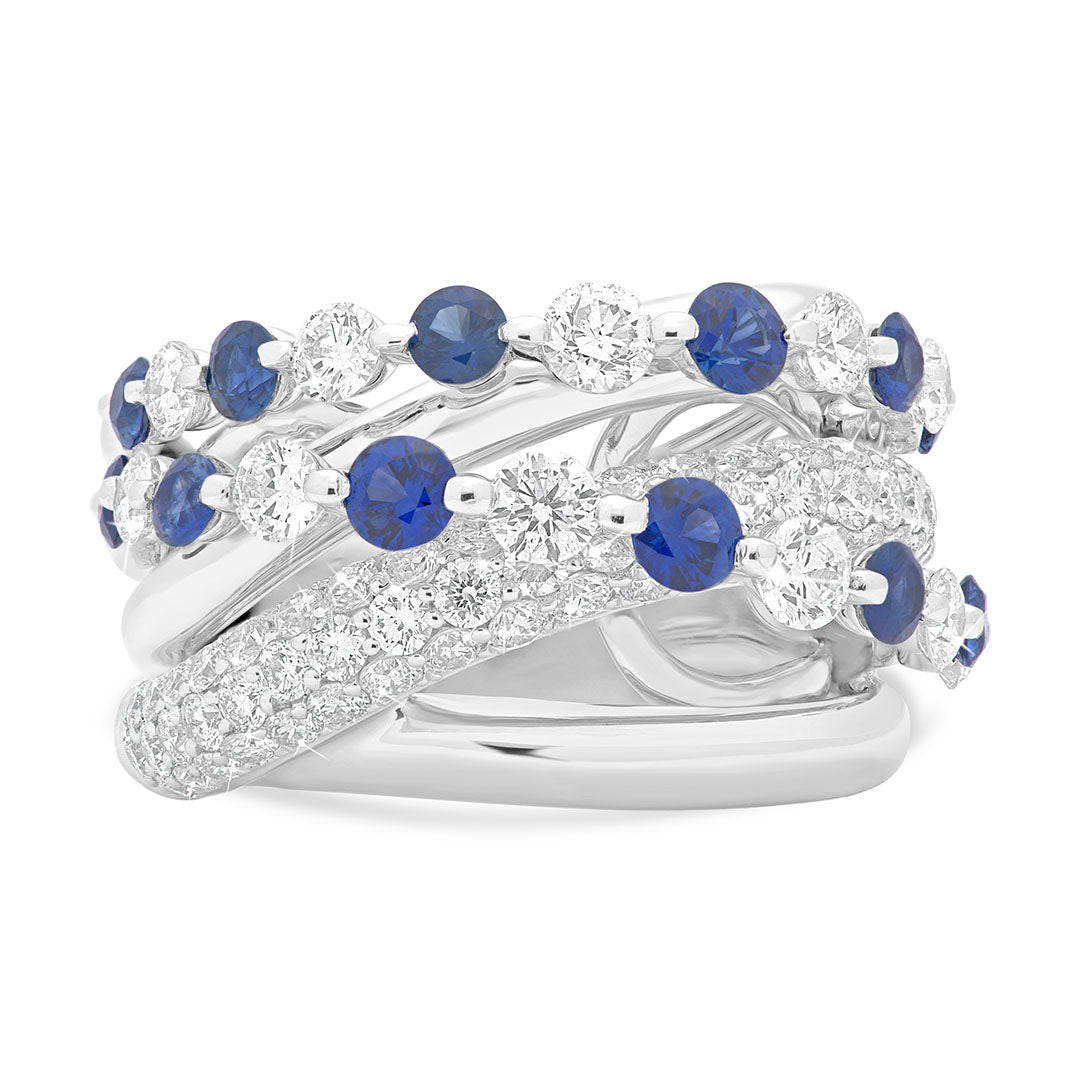Round Brilliant Diamond and Blue Sapphire Overlapping Dress Ring