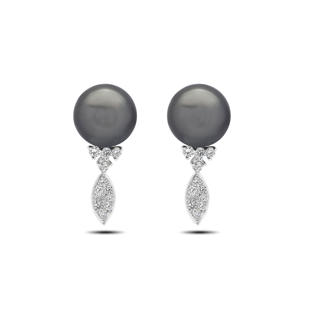 Round Brilliant Cut Diamond and Black Tahitian Pearl Drop Earrings