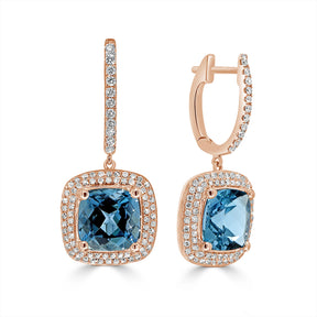 Cushion Cut London Blue Topaz and Diamond Pave Halo Huggie Earrings