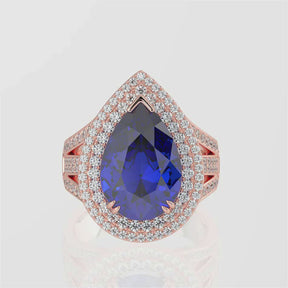 Tanzanite Teardrop Ring with Double Diamond Halo