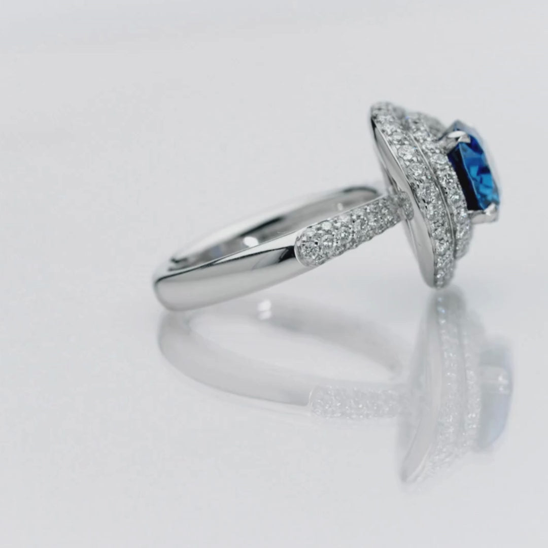 Enchanted Sideways Oval Sapphire and Diamond Pavè Double Halo Ring