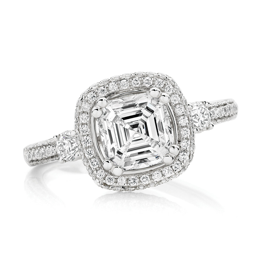 Asscher Cut Trilogy Engagement Ring with Pavé Halo