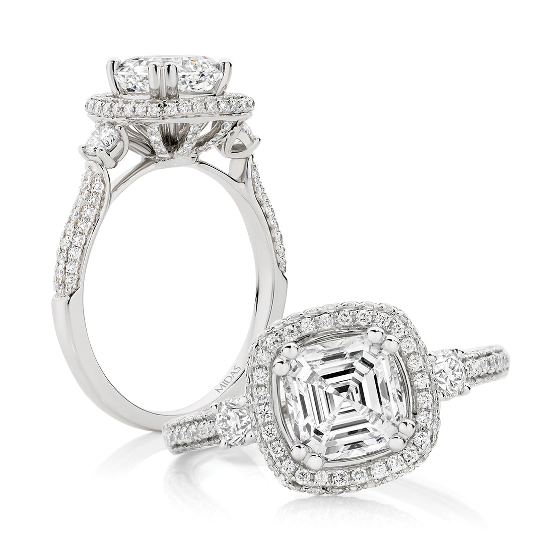 Asscher Cut Trilogy Engagement Ring with Pavé Halo