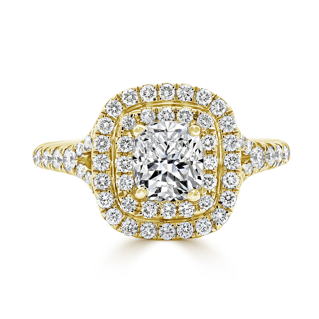 Brilliant Double Halo Cushion Cut with Split Shoulders