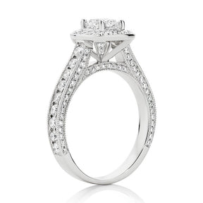 Cushion Cut with Pavé Halo and Milgrain Edging