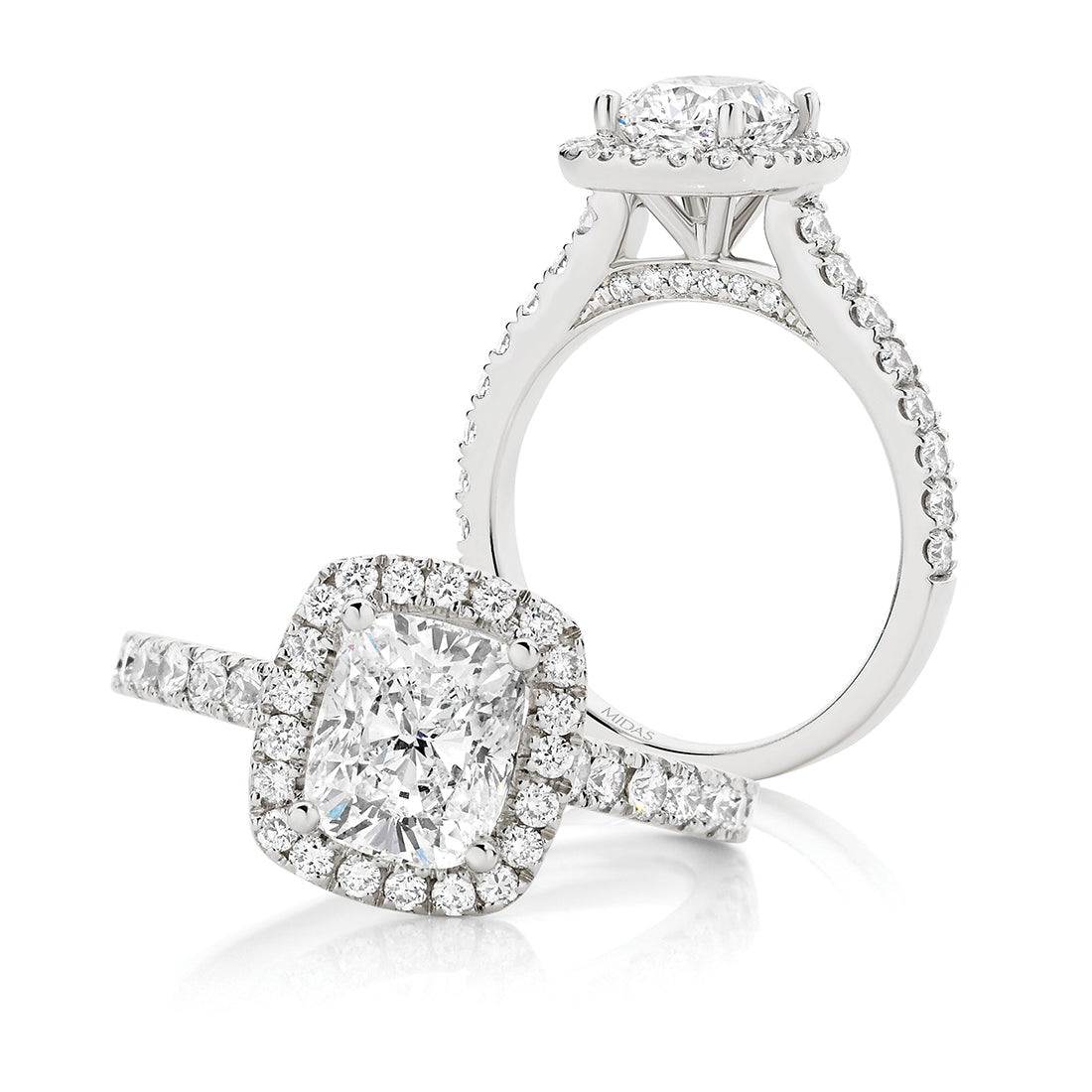 Cushion Cut Engagement Ring with Seamless Halo and Pavé Gallery