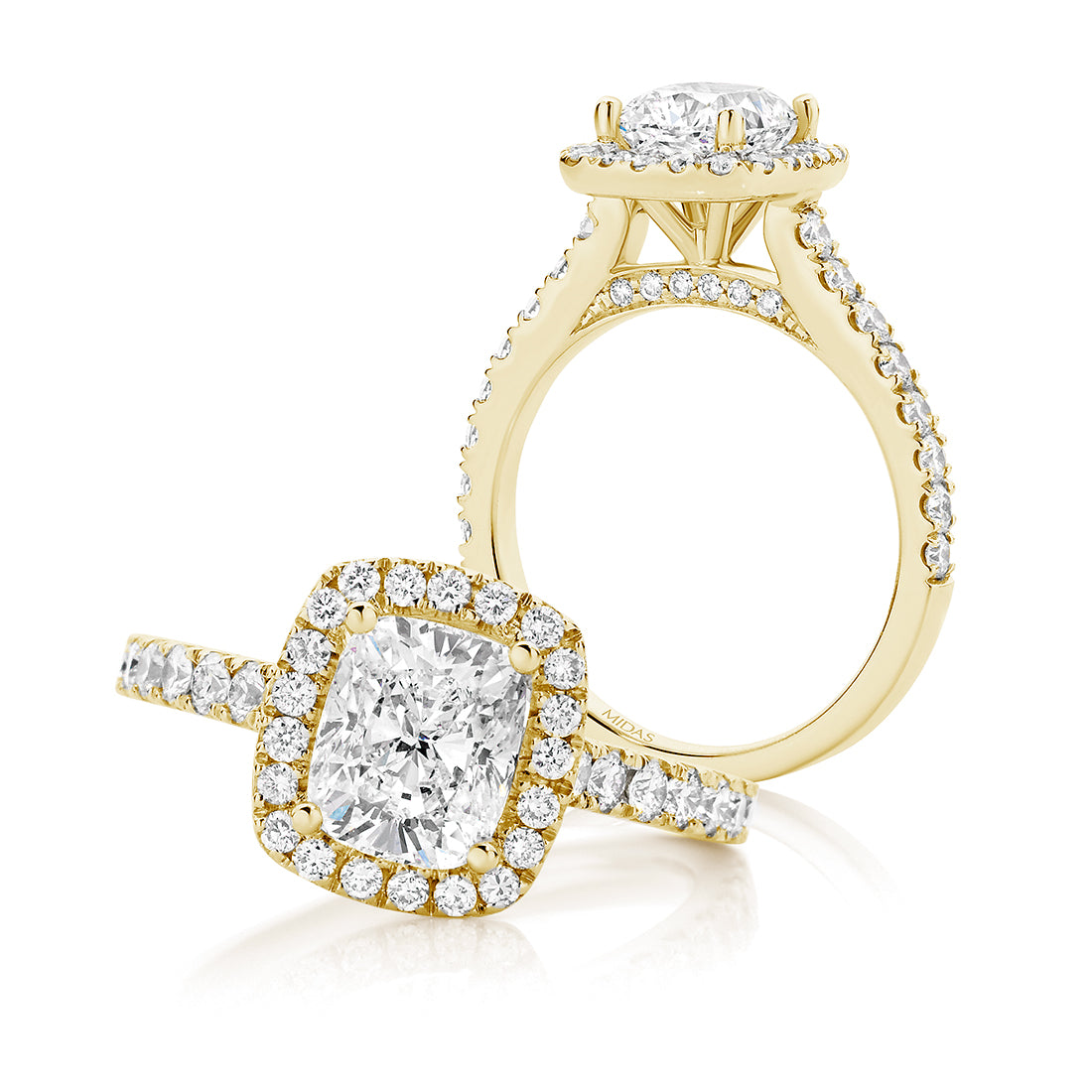 Cushion Cut Seamless Halo and Pavé Gallery Diamond Engagement Ring 18Kt Yellow Gold 2ct