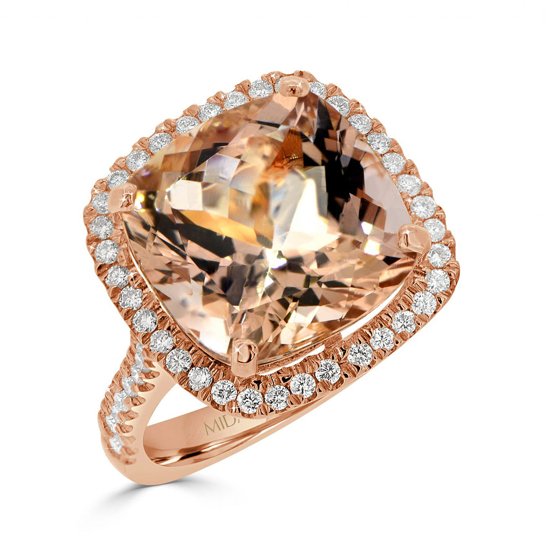 Cushion Morganite with Round Diamond Halo Ring