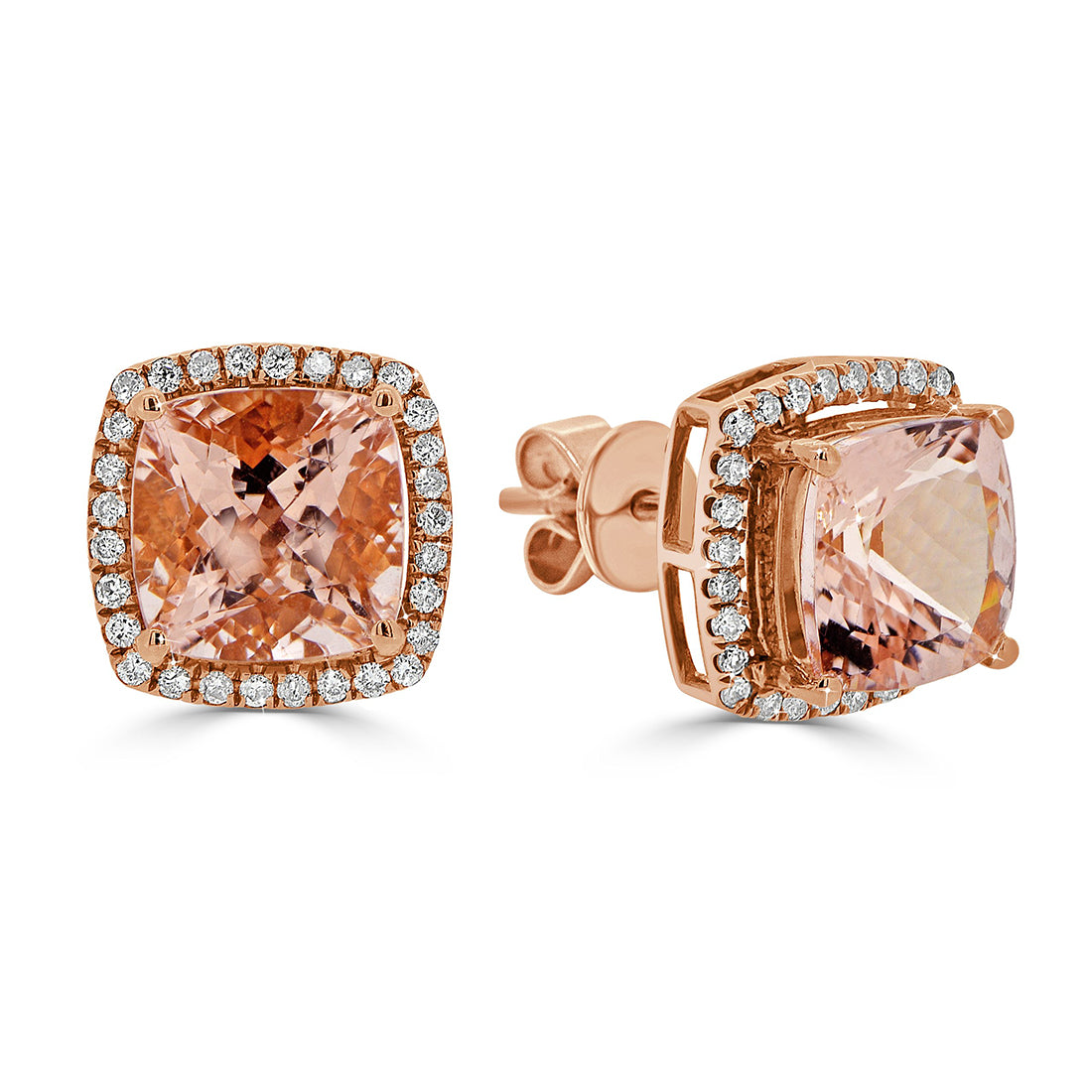 Cushion Morganite with Round Diamond Halo Studs