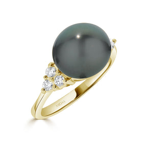 Round Tahitian Pearl and Diamond Trilogy Ring