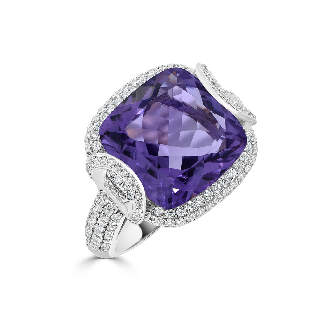 Cushion Cut Amethyst and Diamond Pavé Halo Dress Ring