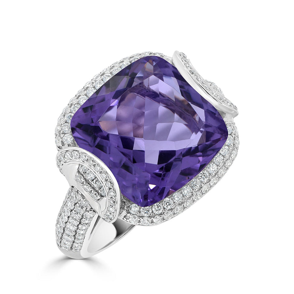 Cushion Cut Amethyst and Diamond Pavé Halo Ring