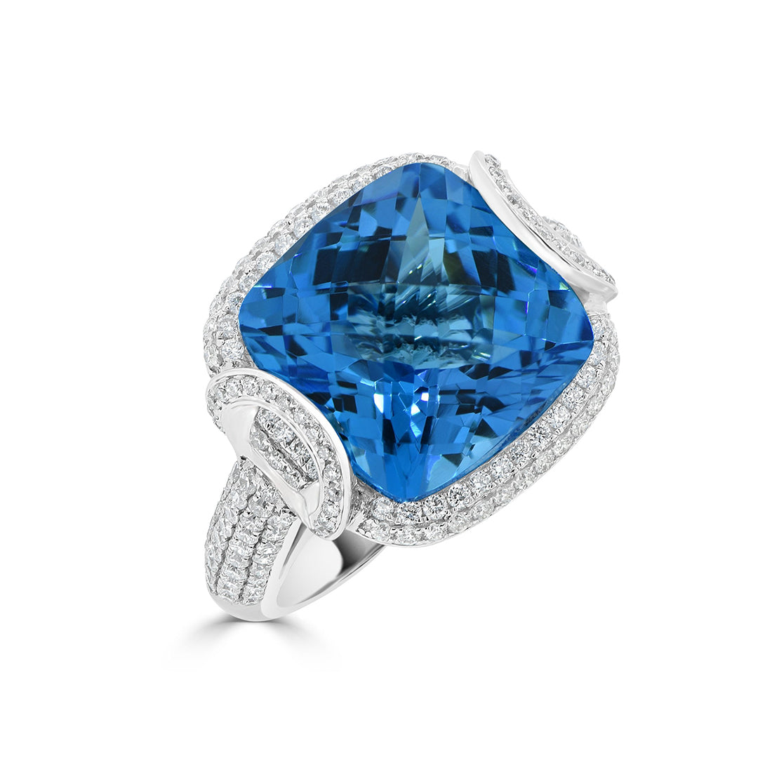 Cushion Cut Blue Topaz Pavé Halo Dress Ring