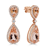 Double Pear Shaped Morganite with Round Diamond Halo Drop Earrings