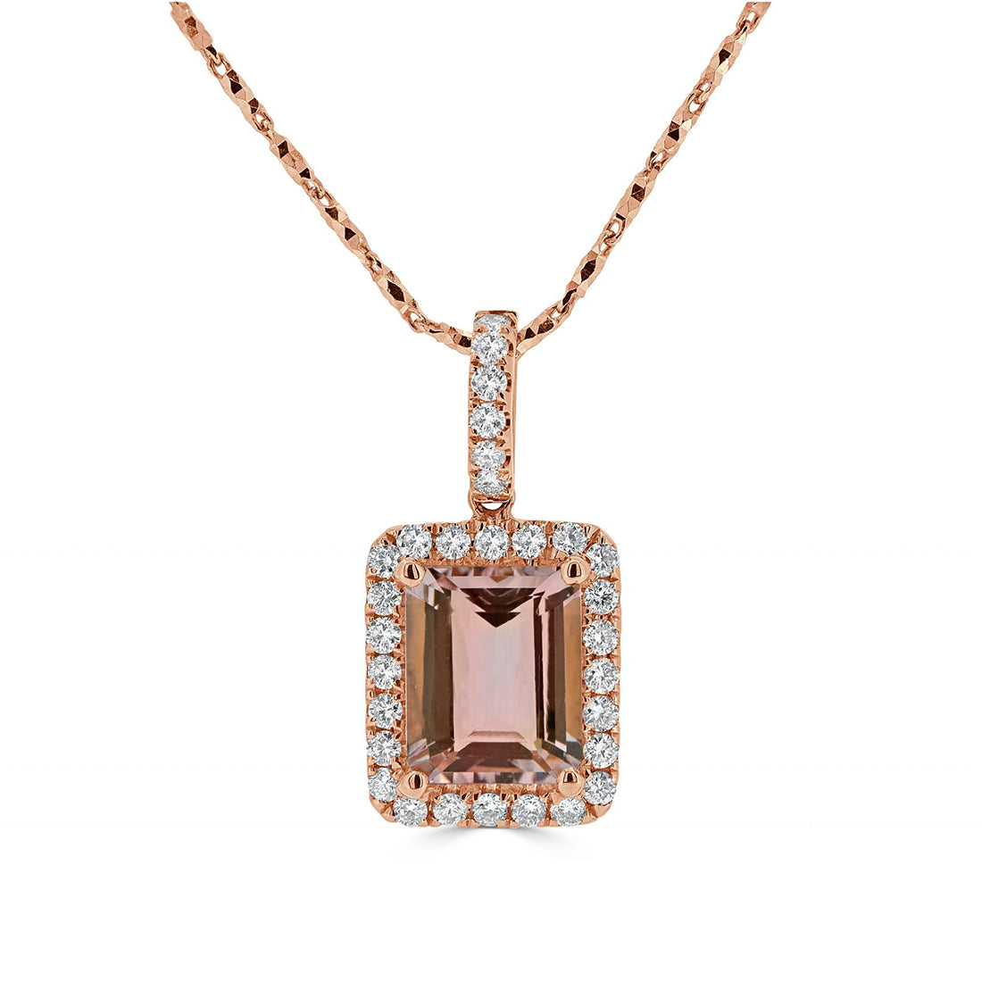 Emerald Shaped Morganite with Round Diamond Halo Pendant