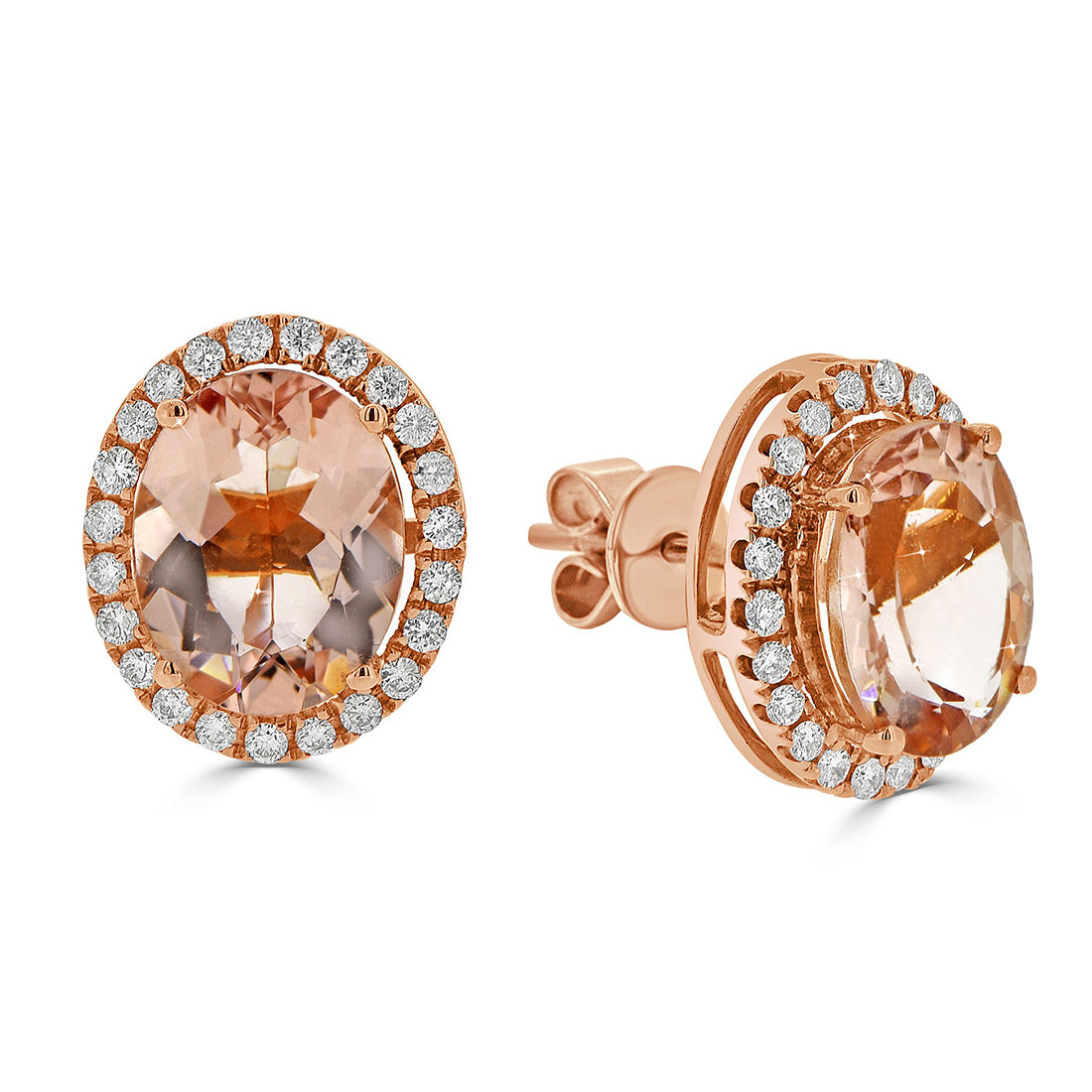 Oval Morganite with Round Diamond Halo Studs