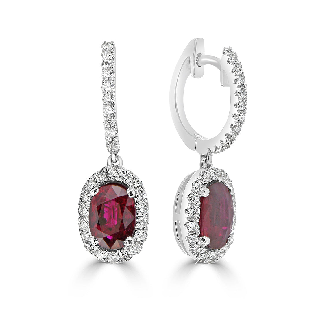 Oval Ruby with Round Diamond Halo Drop Earrings