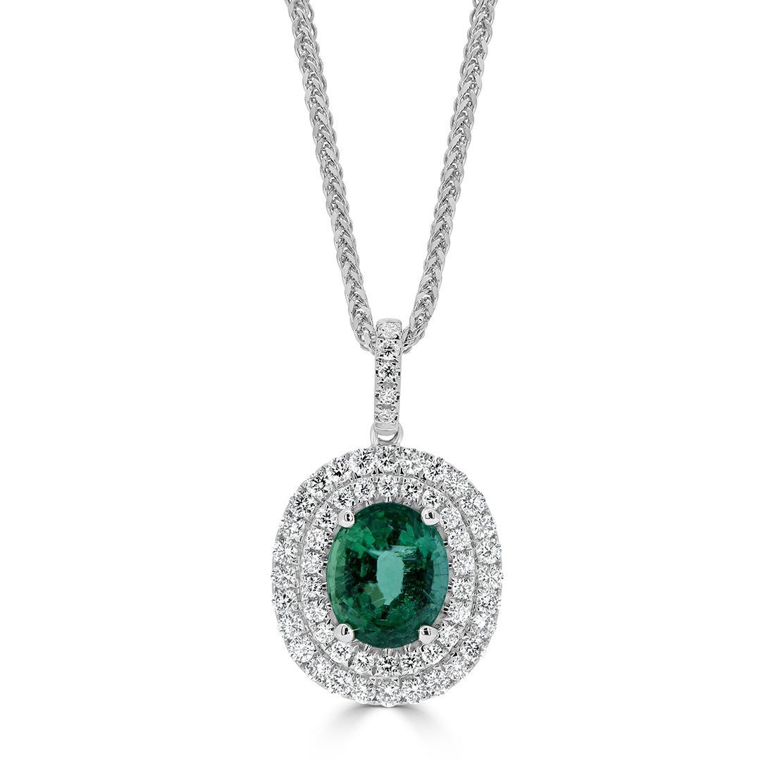 Oval Shape Emerald with Round Diamonds in a Double Halo Pendant