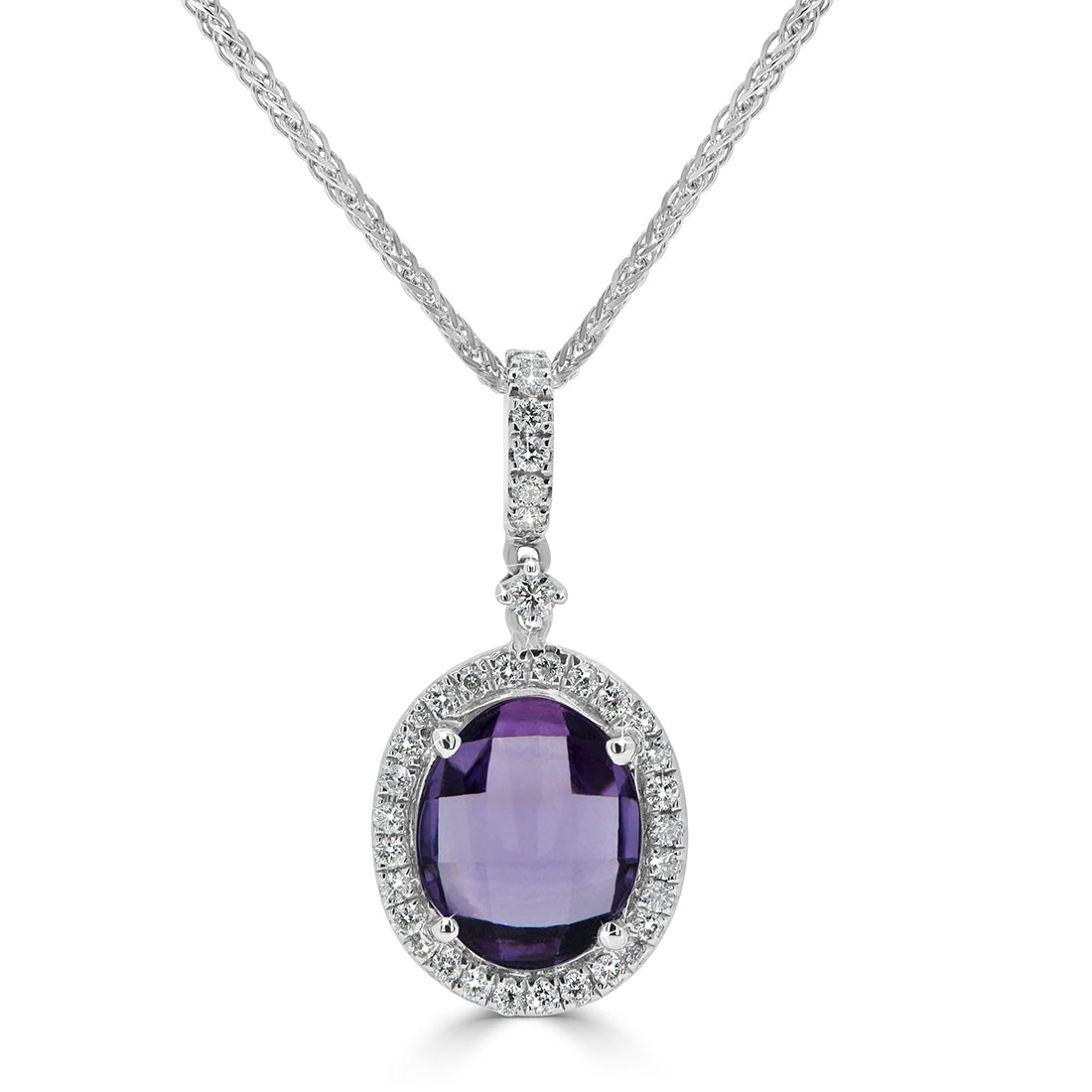 Oval Shaped Amethyst Pendant with Diamond Halo