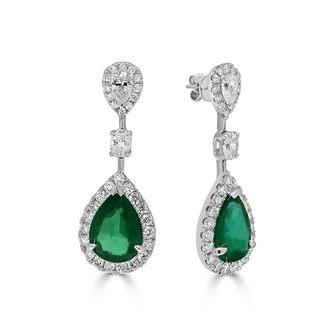 Pear Emerald with Diamond Halo Drop Earrings