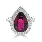 Pear Rubellite and Double Diamond Halo Ring