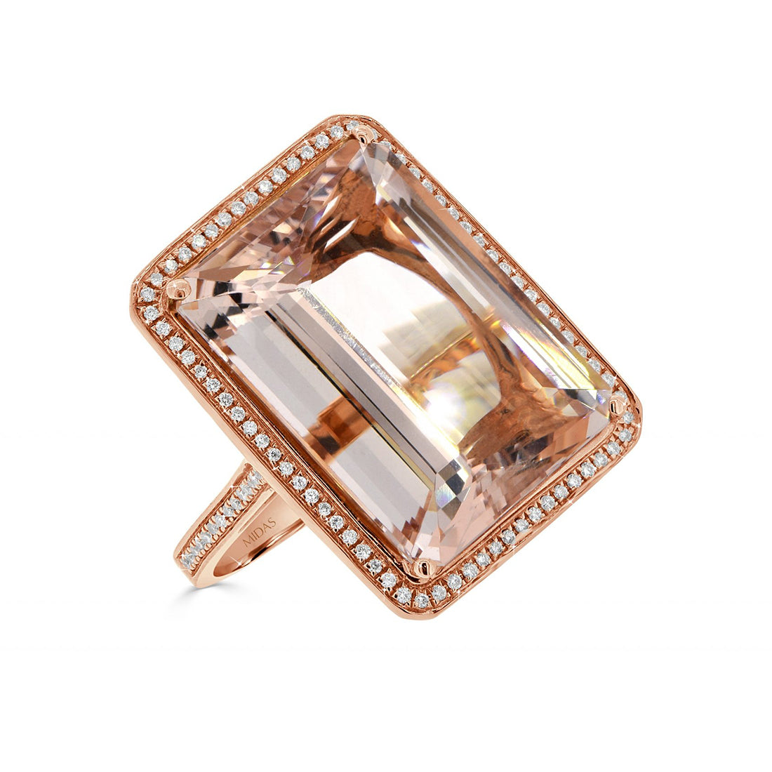 Emerald Cut Morganite and Diamond Halo Ring