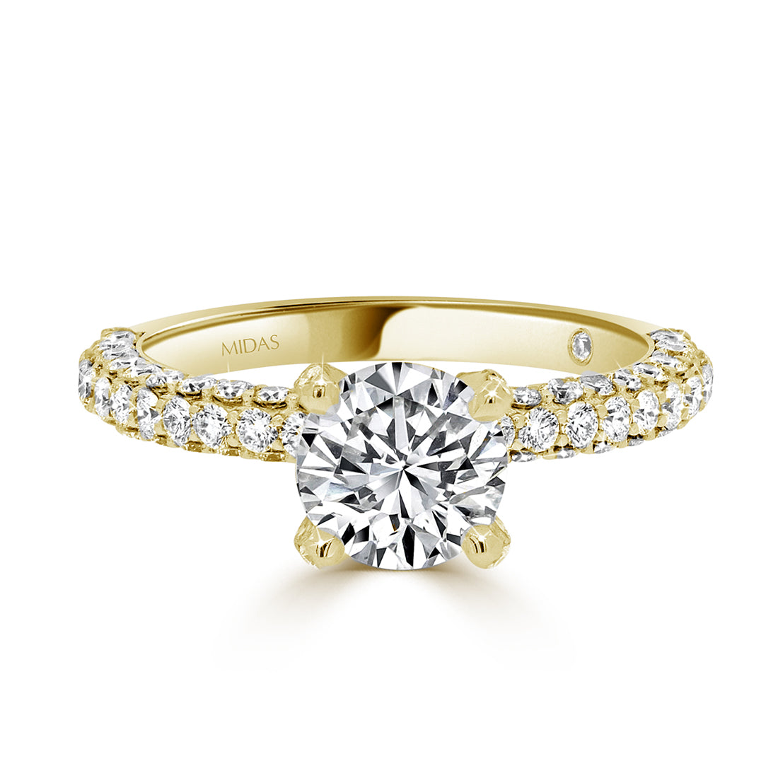 Round Brilliant Cut Solitaire with Three Row Pavé Diamond Band Engagement Ring