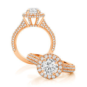 Round Brilliant with Micro Pavé Domed Halo and Shoulders Engagement Ring