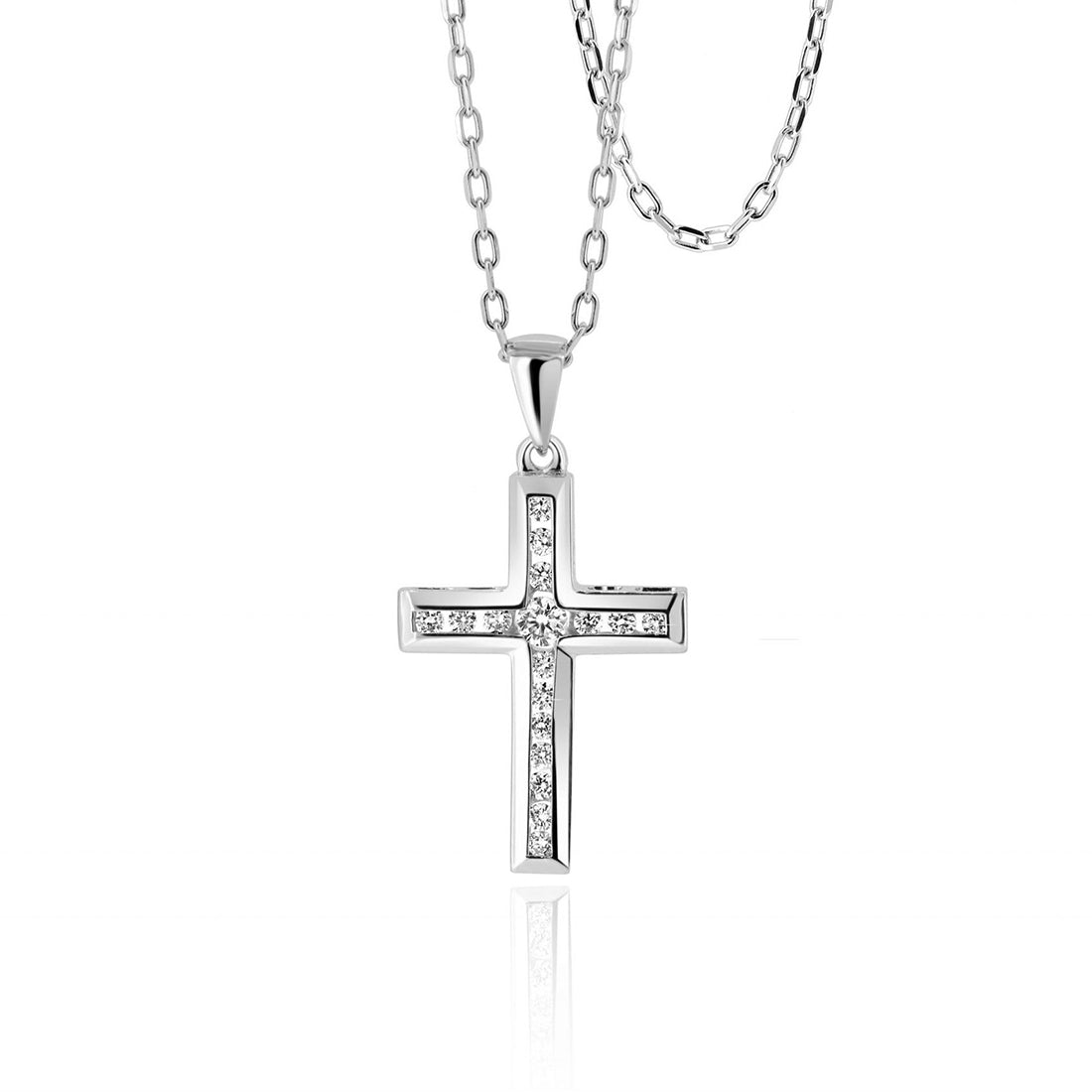 Round Diamond Cross Pendant with Polished Border