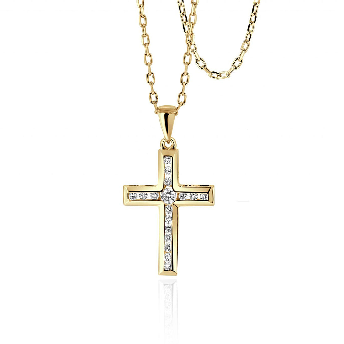 Round Diamond Cross Pendant with Polished Border