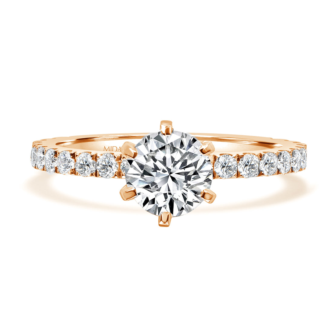 Round Brilliant Cut with Six Claw Setting and Pavé Diamond Band Engagement Ring