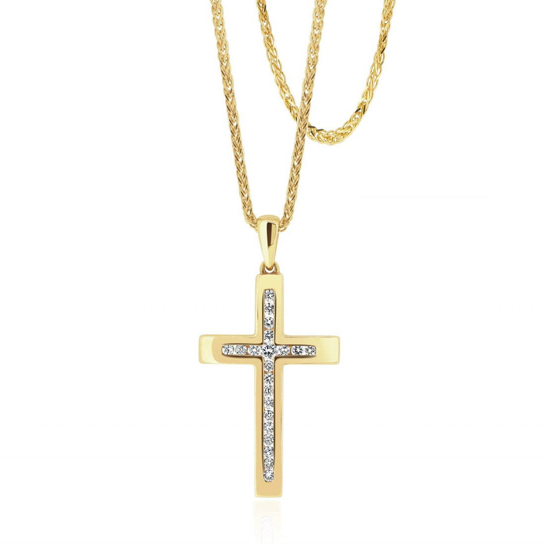 Solid Yellow Gold and White Diamond Cross Pendant