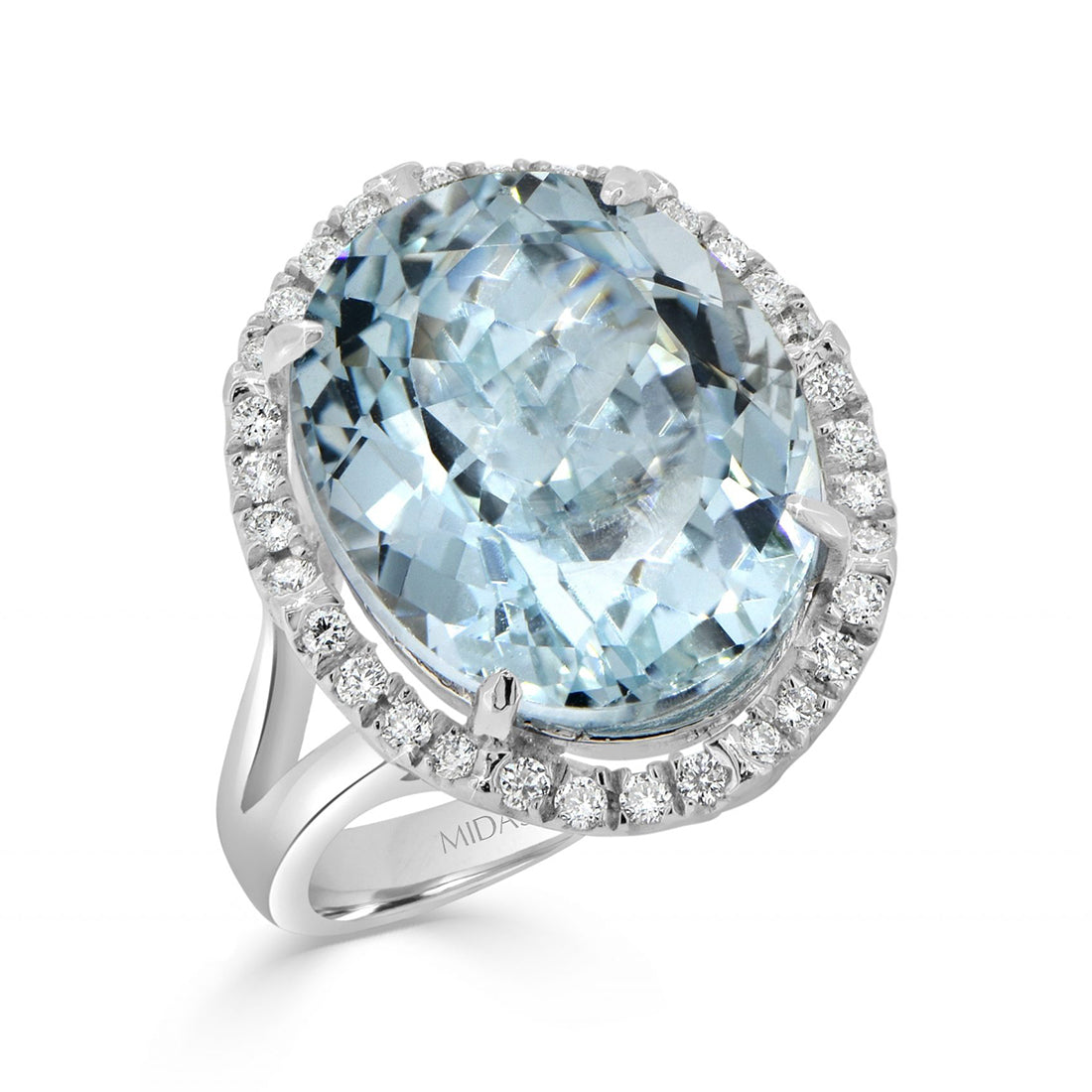 Oval Cut Aquamarine Split Band Diamond Halo Ring