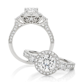 Round Brilliant Cut Filigree Halo and Pavé Trilogy Diamond Engagement Ring