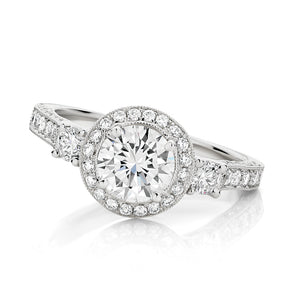 Round Brilliant Cut Filigree Halo and Pavé Trilogy Diamond Engagement Ring