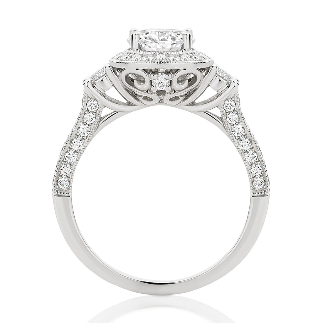 Round Brilliant Cut Filigree Halo and Pavé Trilogy Diamond Engagement Ring