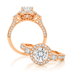 Round Brilliant Cut Filigree Halo and Pavé Trilogy Diamond Engagement Ring