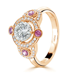 Round Brilliant Cut Pink Sapphire and Double Halo Diamond Engagement Ring