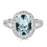 Oval Cut Aquamarine and Diamond Halo Pavé Split Shank Ring