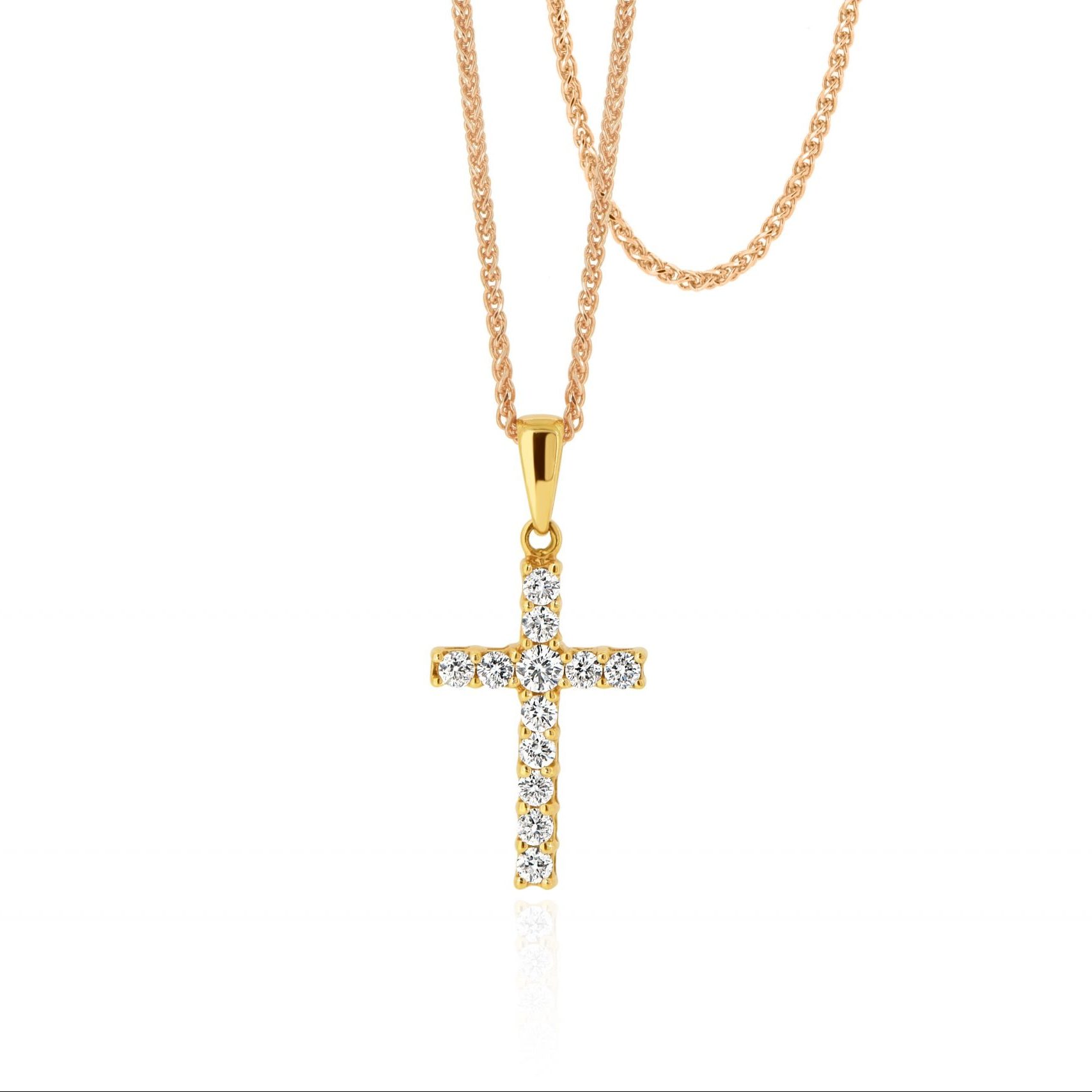 Dainty Rose Gold Cross Pendant with Mixed Round Diamonds - Midas Jewellery